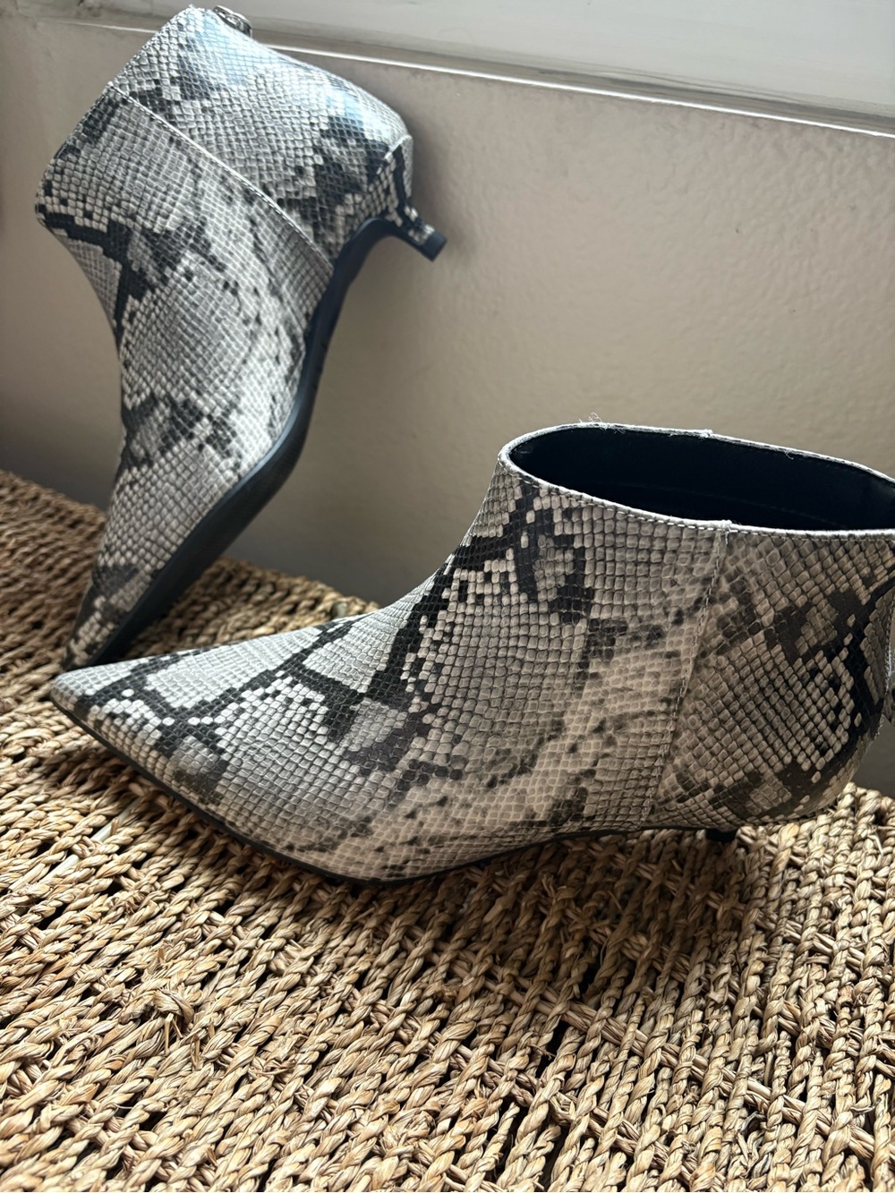 New Scoop NYC Snake-Print Pointed Toe Ankle Booties in Gray and Black